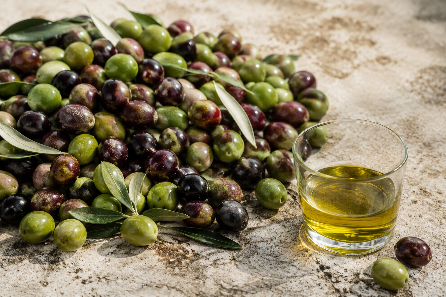 Green and purple olives with olive leaves beside a glass of golden olive oil.