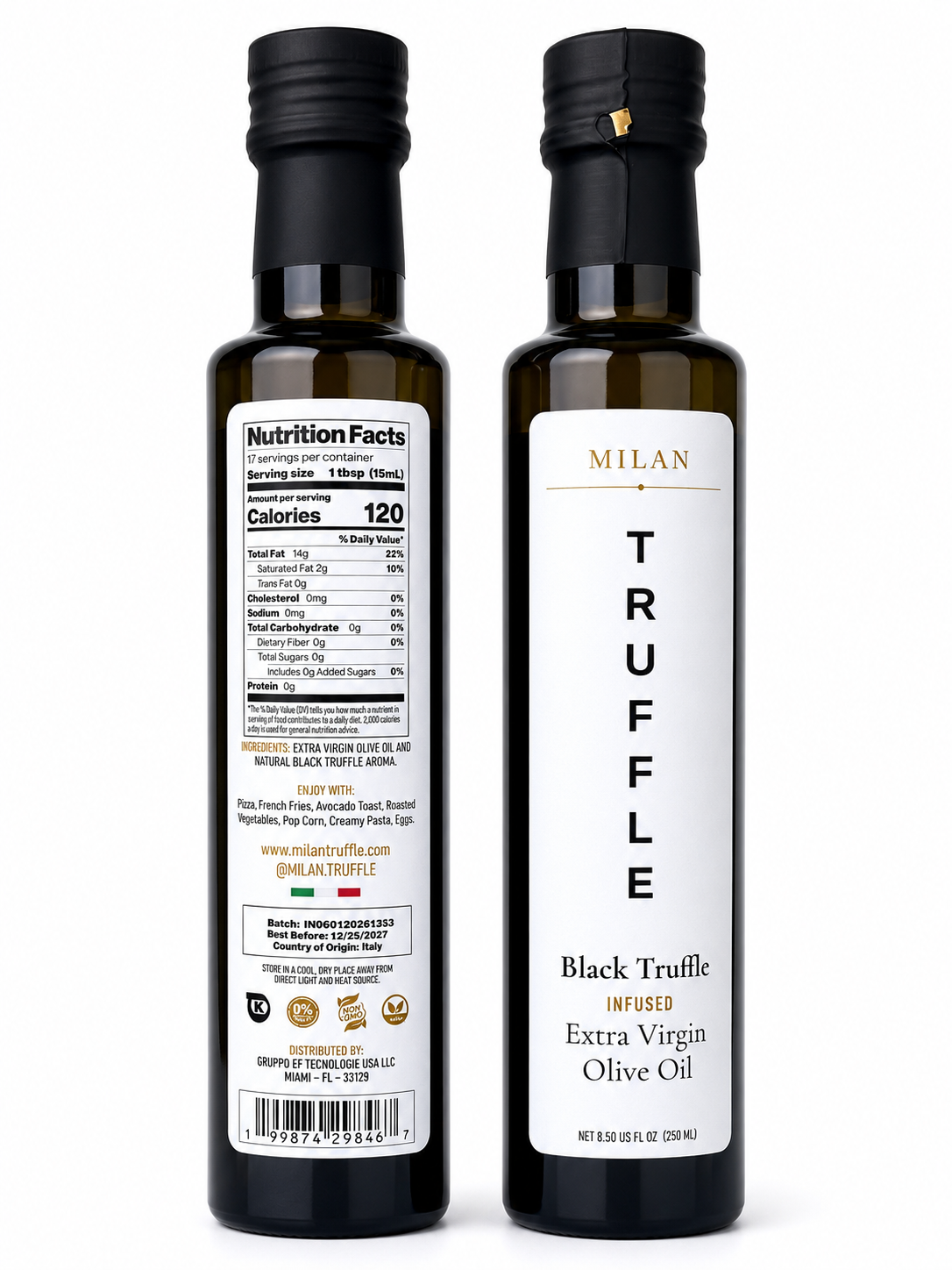 Milan Truffle Black Truffle Extra Virgin Olive Oil, front and back of the bottle, with the ingredient statement reading extra virgin olive oil and natural black truffle aroma.