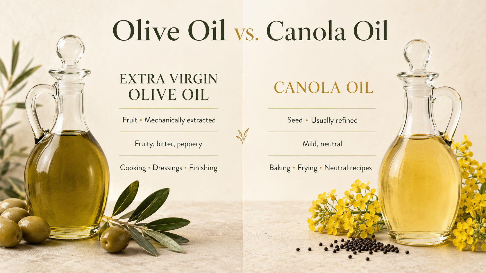 Extra virgin olive oil and canola oil compared by source, processing, flavor, and common cooking uses.