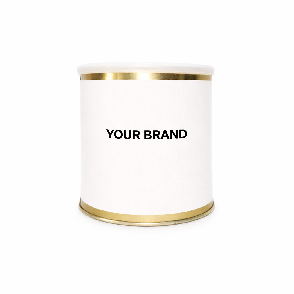 White private label tin with gold rim and “YOUR BRAND” text on a clean white background