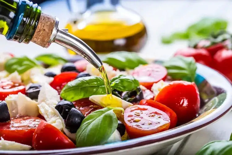 Mediterranean salad with Vegan Certified olive oil drizzle