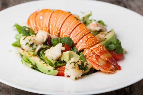 Lobster tail salad with avocado and fresh vegetables, finished with a drizzle of black truffle extra virgin olive oil on a white plate, styled in an elegant fine dining presentation