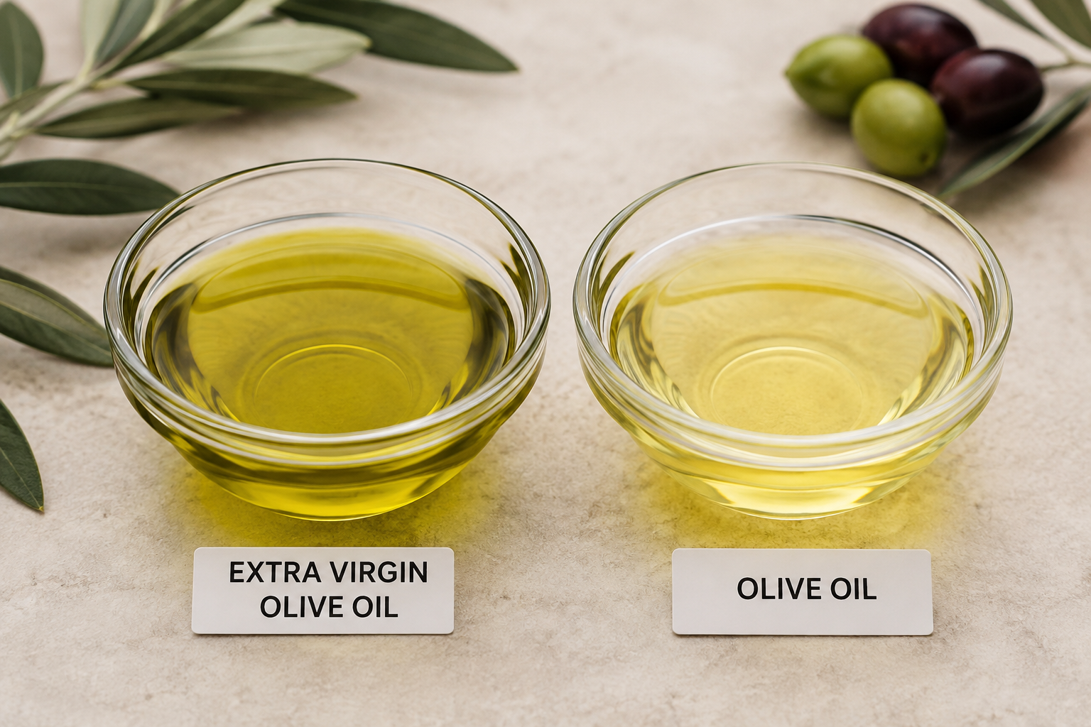 Extra virgin olive oil and regular olive oil side by side for comparison