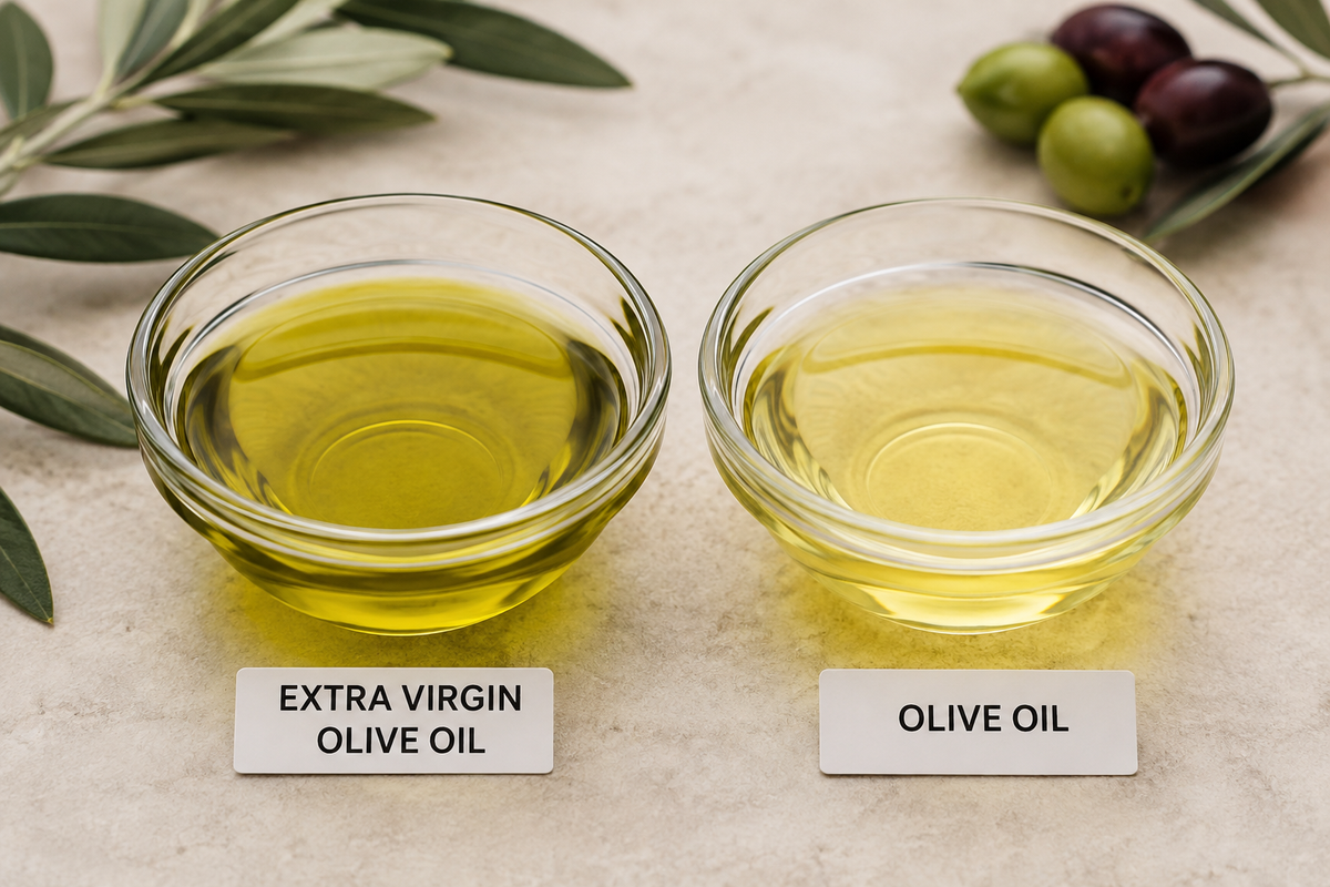 Extra virgin olive oil and regular olive oil side by side for comparison