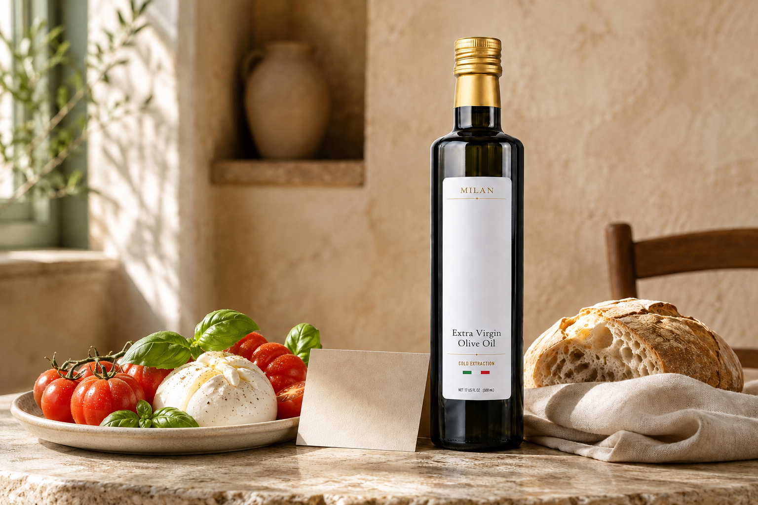 Milan Truffle Italian extra virgin olive oil with tomatoes, burrata, basil, and rustic bread.