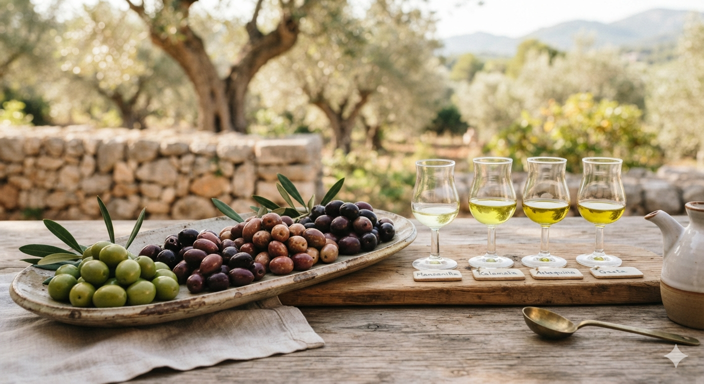 Different olive cultivars and ripening stages beside olive oil tasting glasses