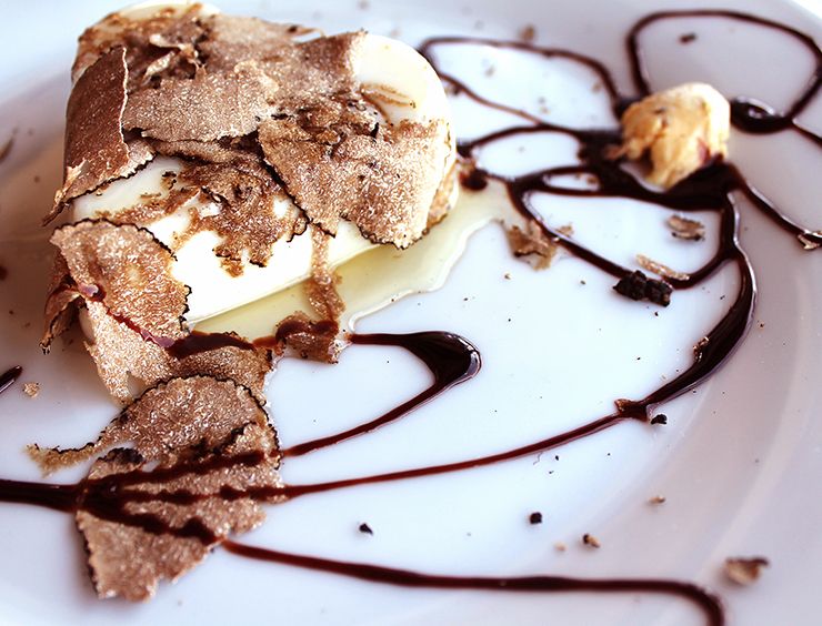 Truffle Panna Cotta and goat cheese mousse with truffle honey drizzle and beetroot carrot compote