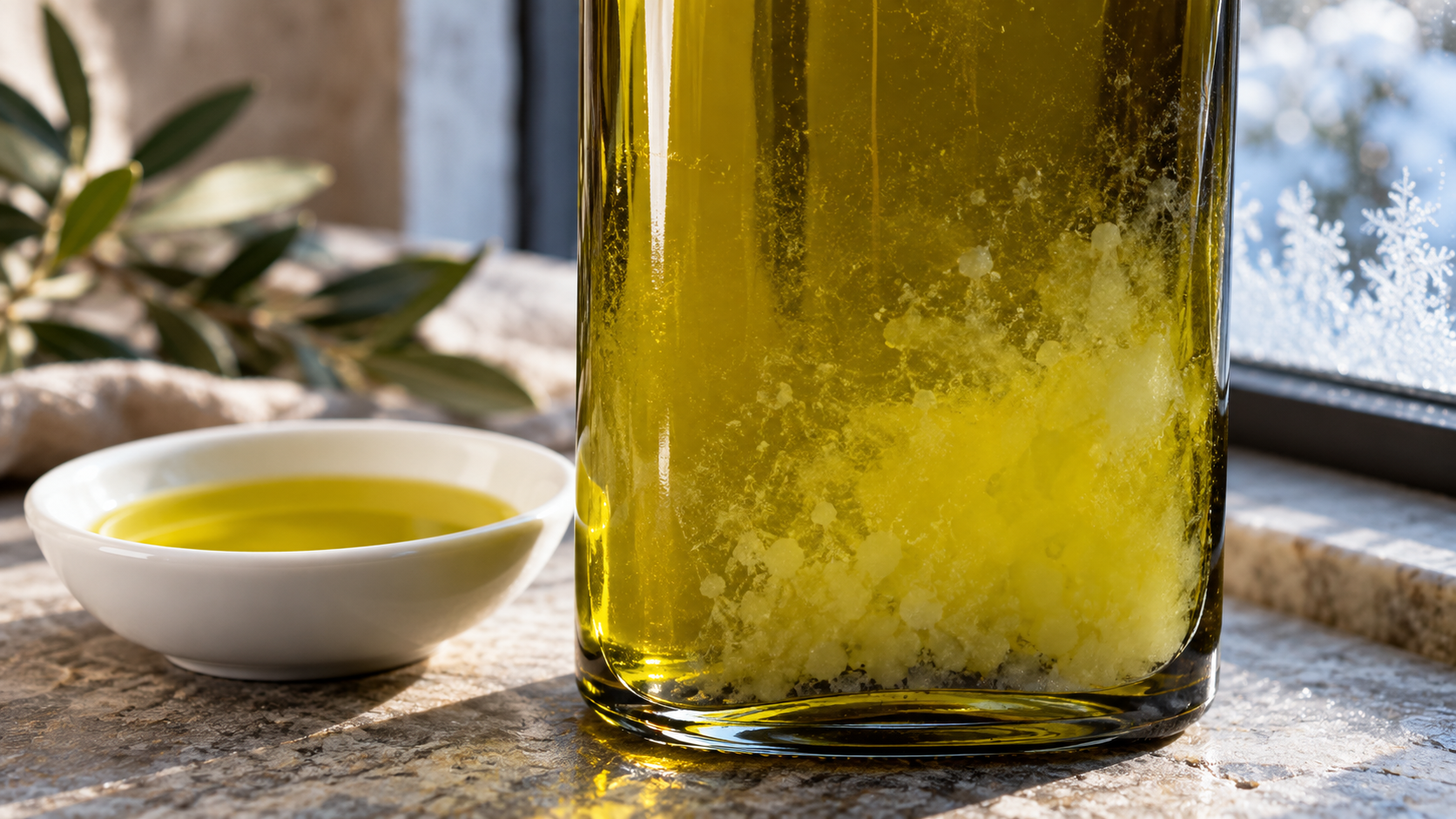 Cloudy olive oil with natural crystals formed by cold temperatures