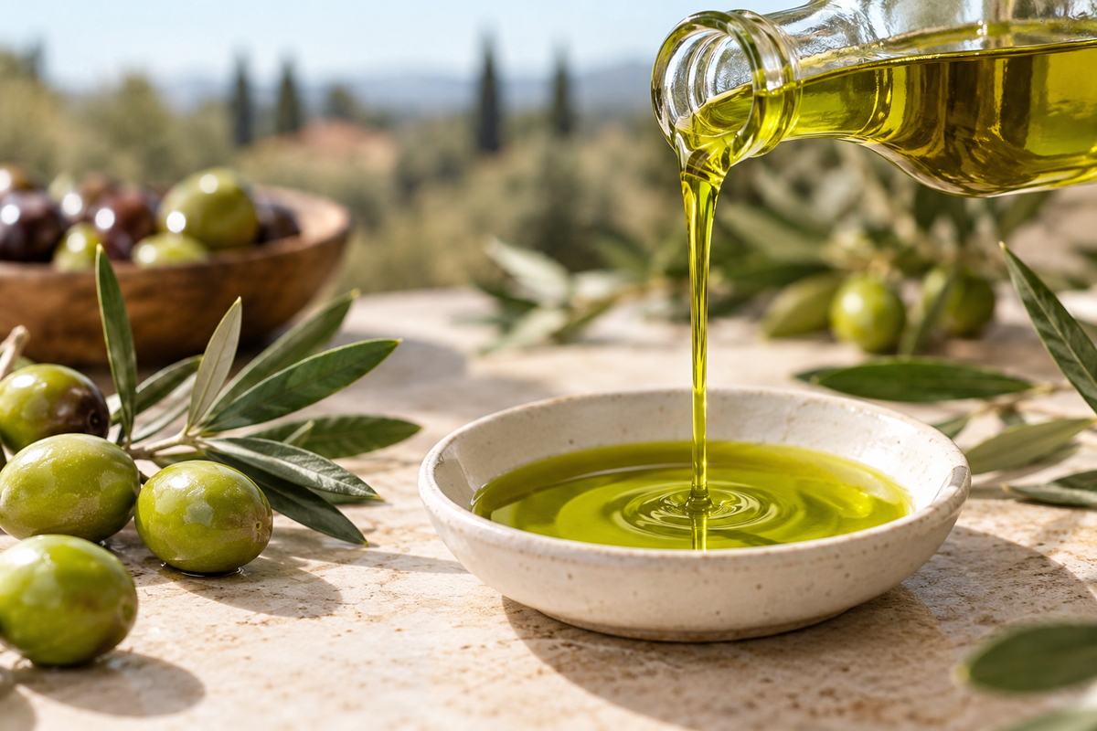 Green olive oil poured into a bowl with fresh olives and olive leaves