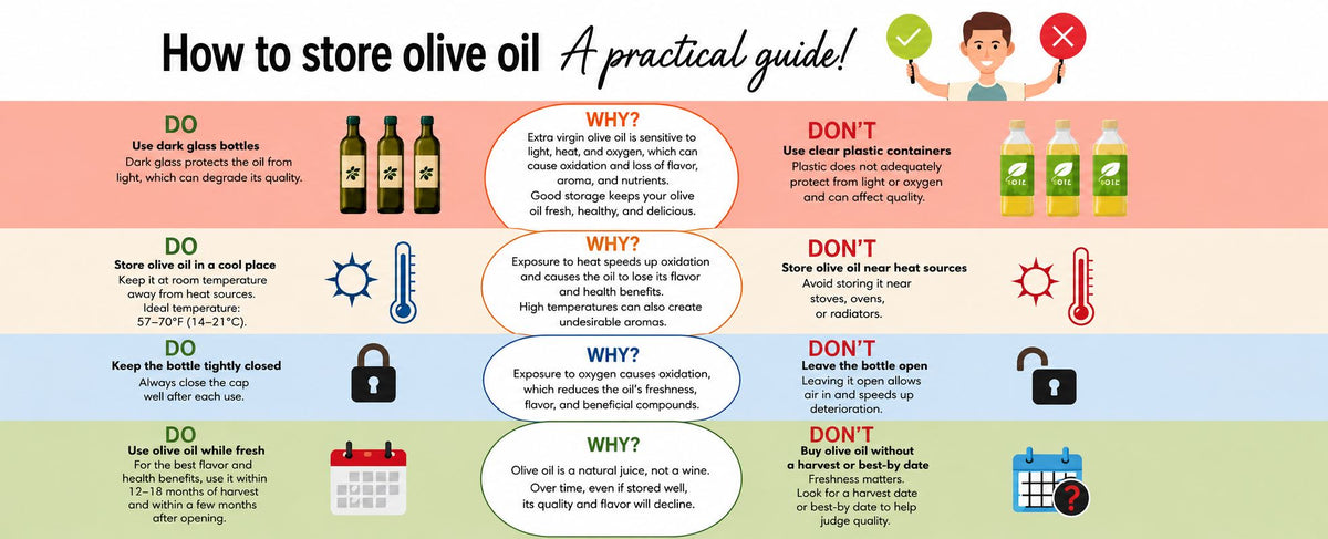 Infographic showing how to store olive oil properly by protecting it from heat, light, and air to preserve freshness.
