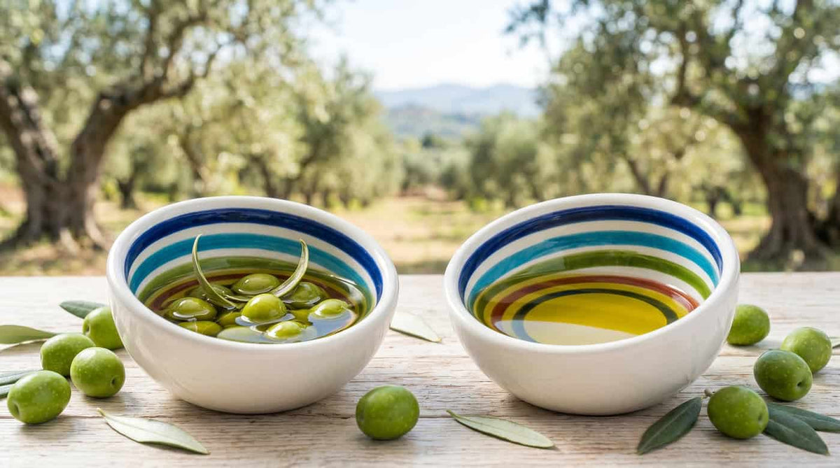 Two bowls of extra virgin olive oil with fresh olives in an Italian olive grove