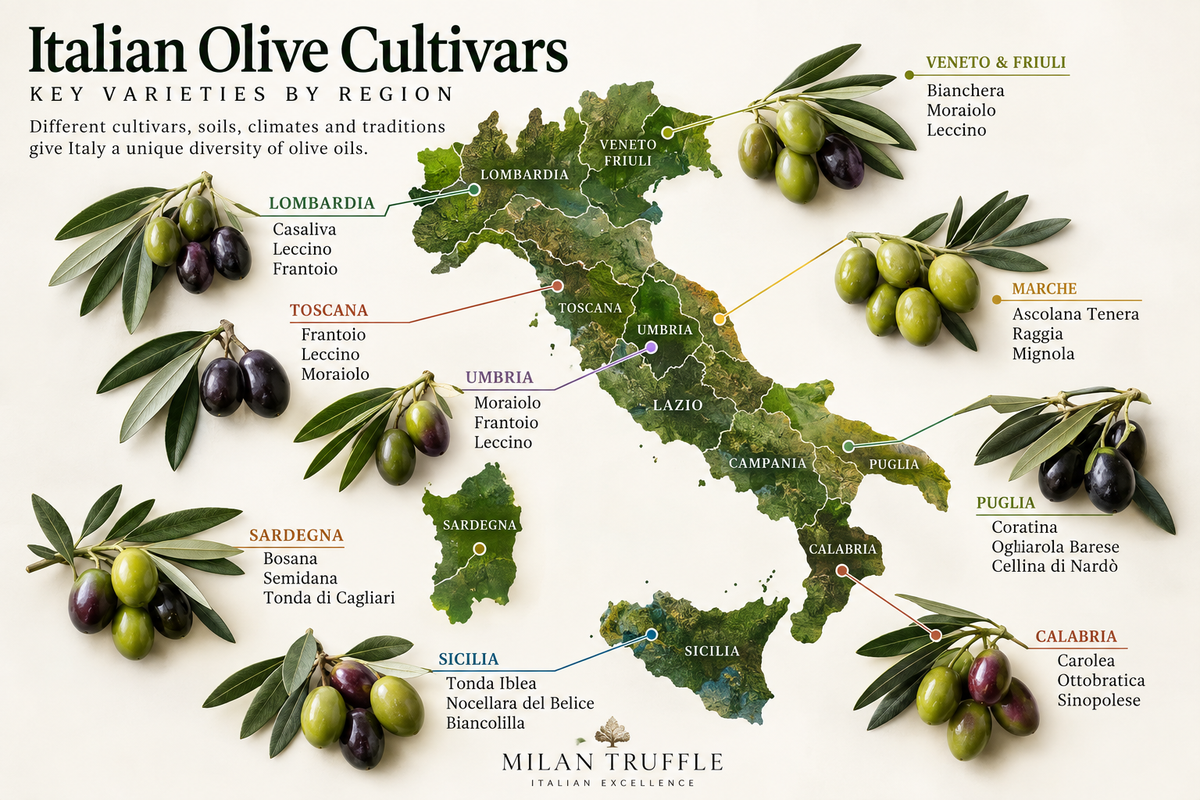 Italian olive cultivars map showing key olive varieties by region across Italy