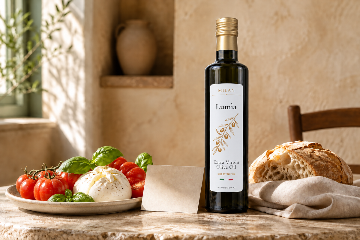 Milan Truffle Italian extra virgin olive oil with tomatoes, burrata, basil, and rustic bread.