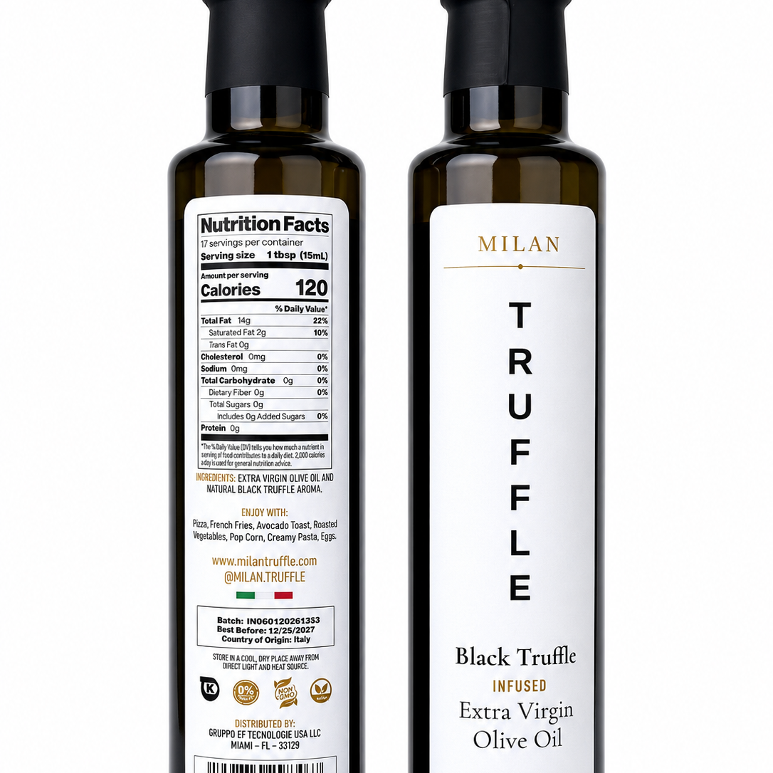 Milan Truffle Black Truffle Extra Virgin Olive Oil, front and back of the bottle, with the ingredient statement reading extra virgin olive oil and natural black truffle aroma.