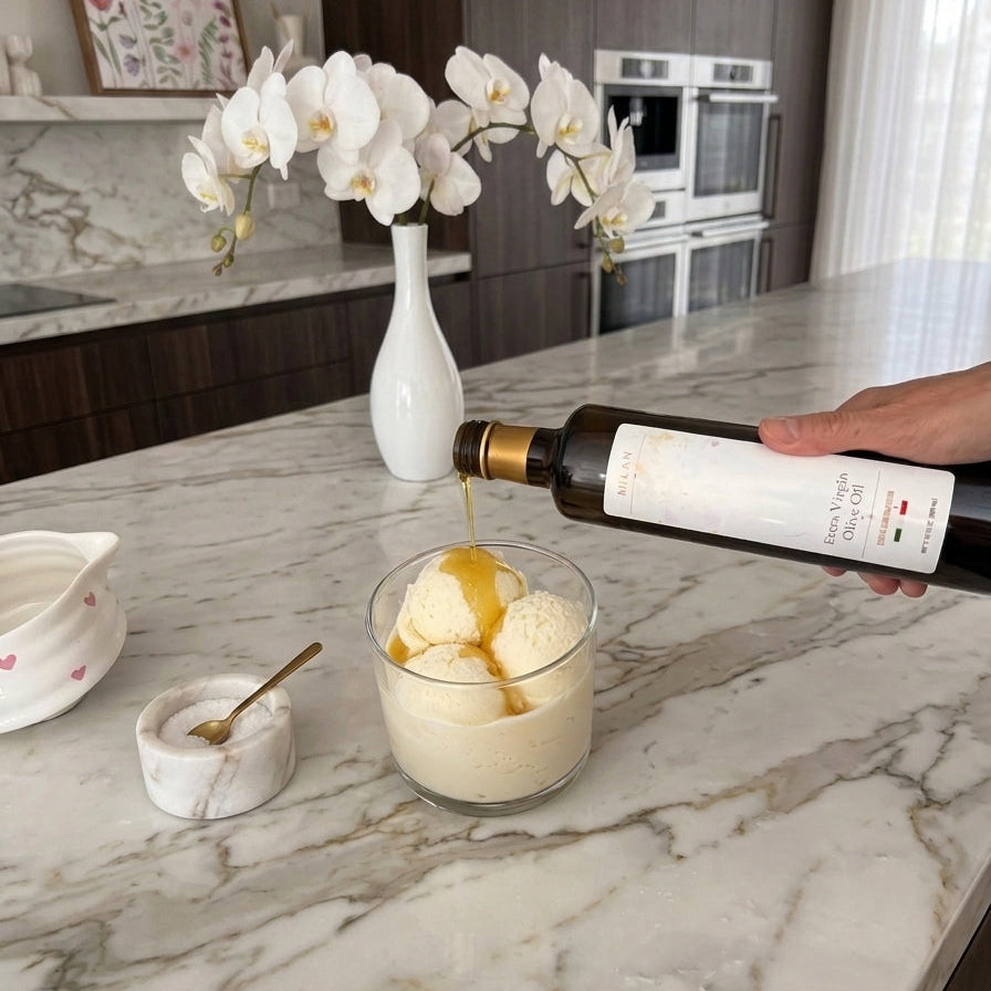 Milan Truffle extra virgin olive oil poured over vanilla gelato with sea salt