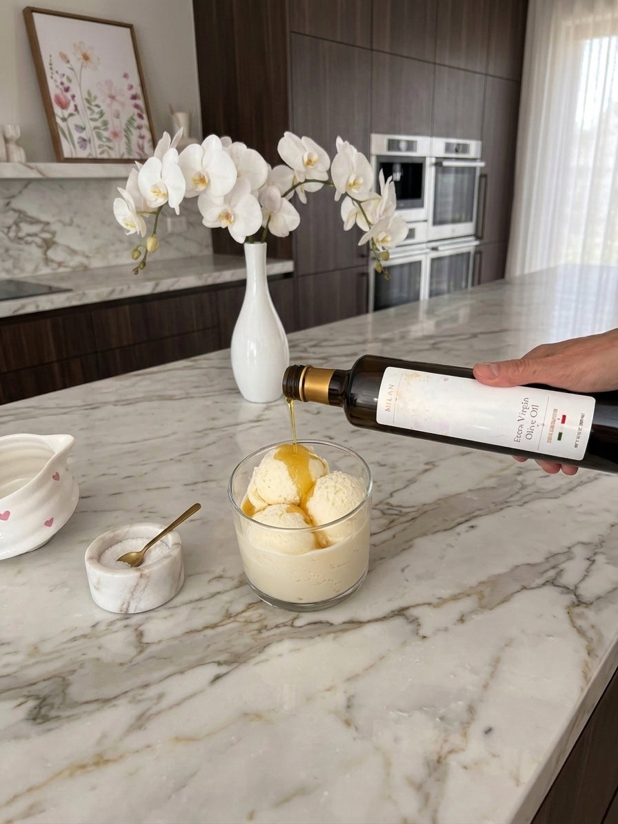 Milan Truffle extra virgin olive oil poured over vanilla gelato with sea salt
