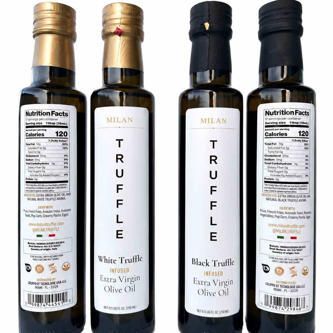 Milan Truffle white and black truffle extra virgin olive oil bottles, front and back labels showing ingredients and country of origin Italy.