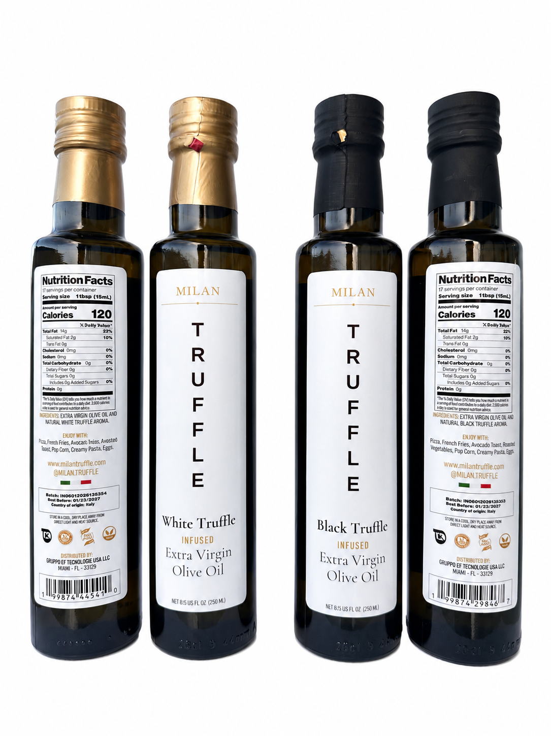 Milan Truffle white and black truffle extra virgin olive oil bottles, front and back labels showing ingredients and country of origin Italy.