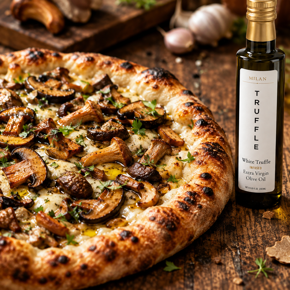 Mushroom pizza beside a bottle of Milan Truffle White Truffle Infused Extra Virgin Olive Oil.