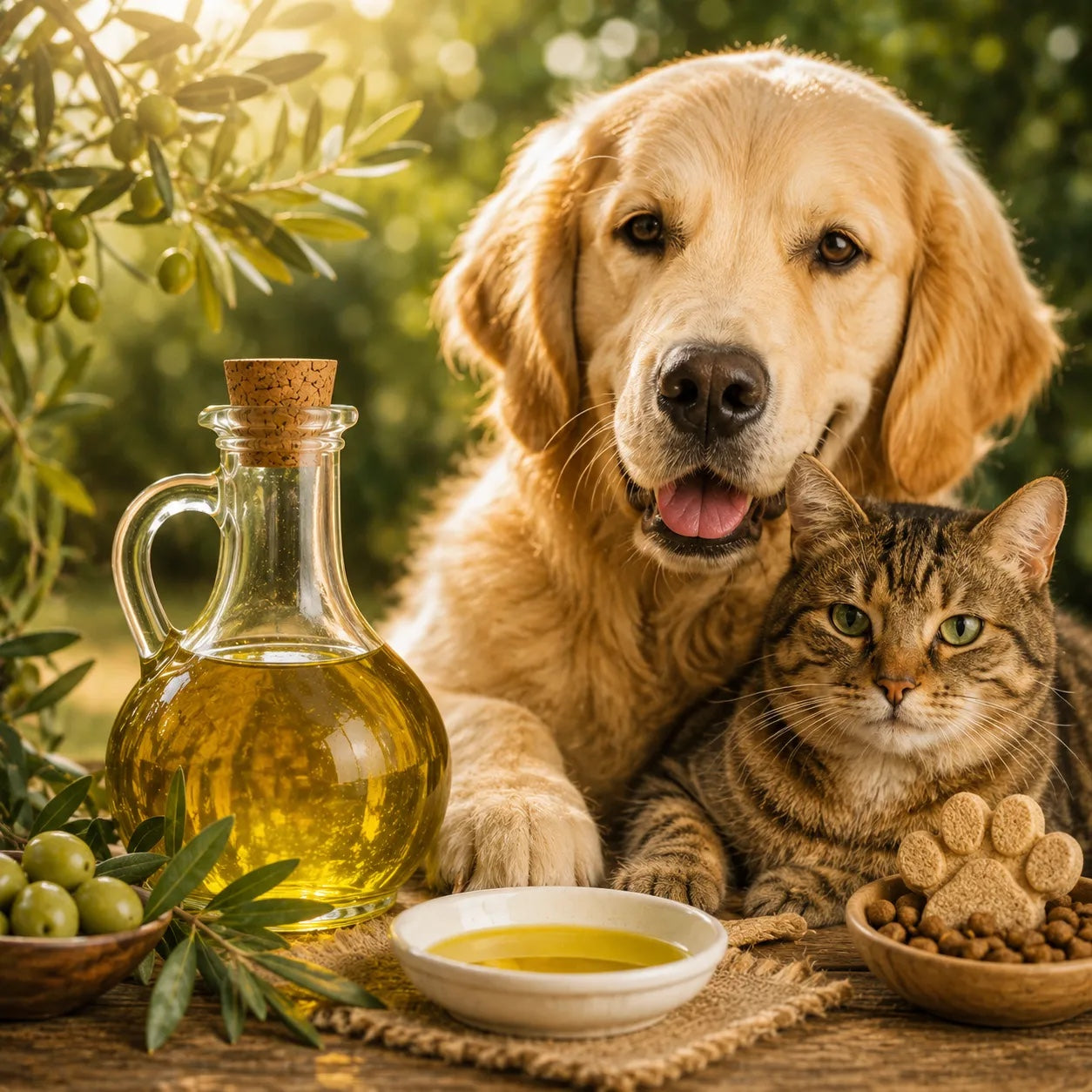 Golden retriever and tabby cat beside a glass bottle and bowl of olive oil under olive branches.