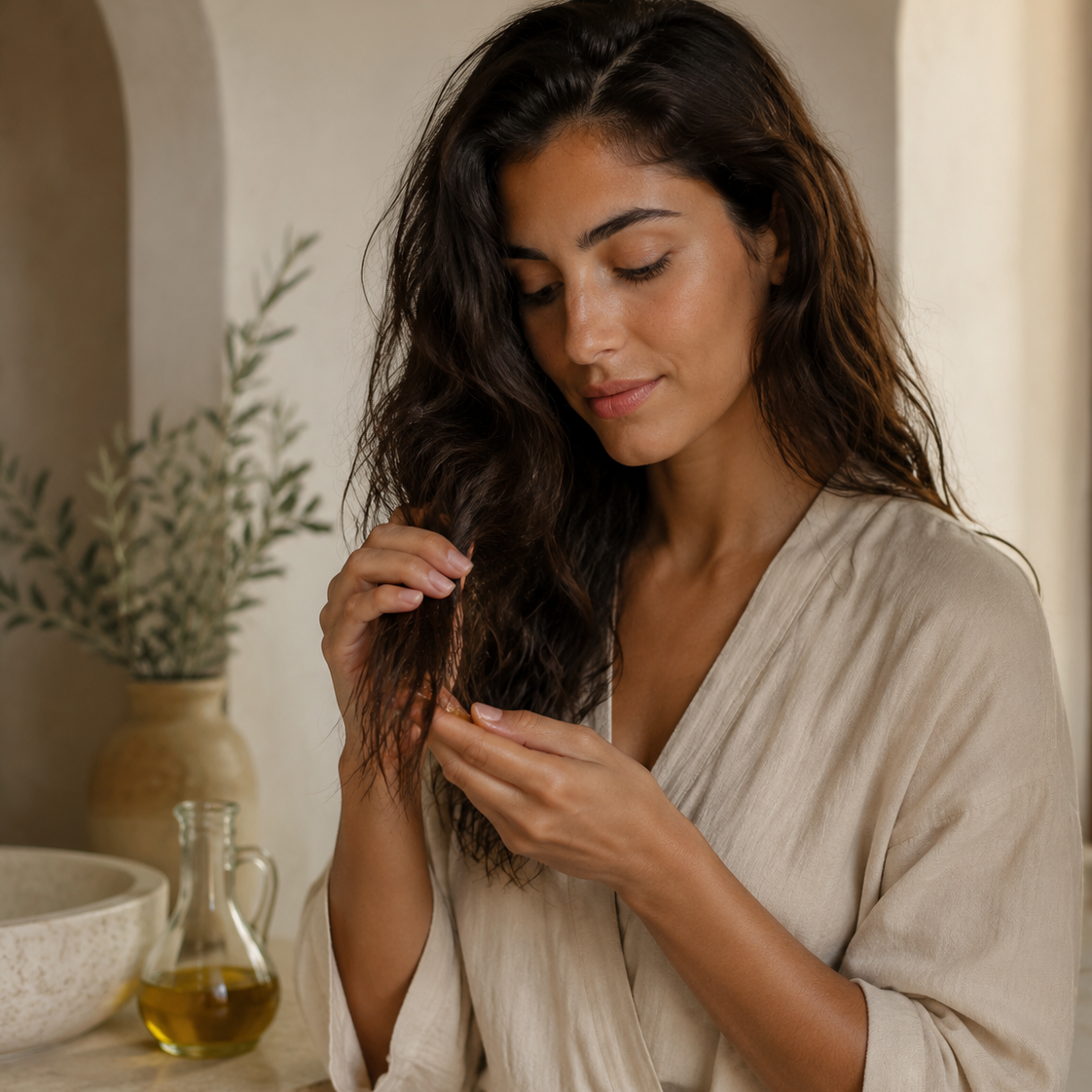 Woman applying a small amount of olive oil to the dry ends of her dark wavy hair.