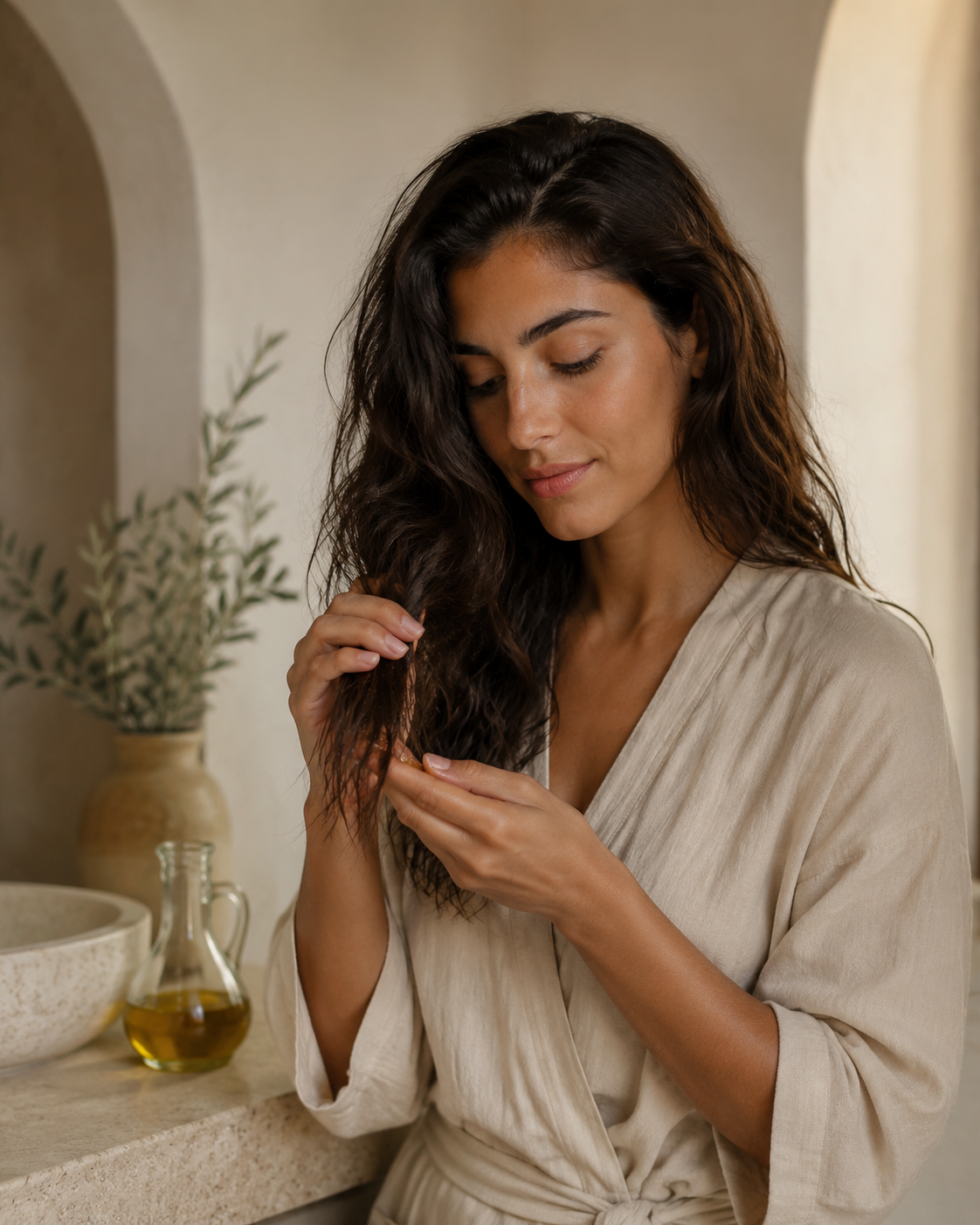 Woman applying a small amount of olive oil to the dry ends of her dark wavy hair.