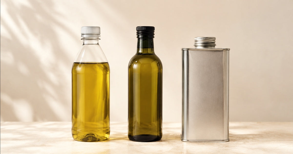 PET plastic bottle, dark glass bottle, and metal tin used for olive oil packaging