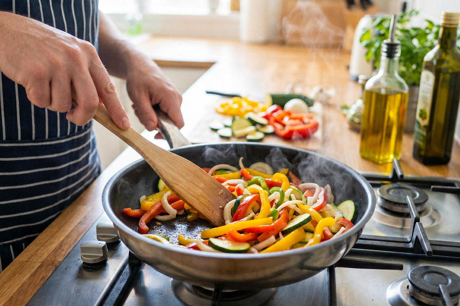 Stir-fried vegetables cooking in a pan with olive oil.