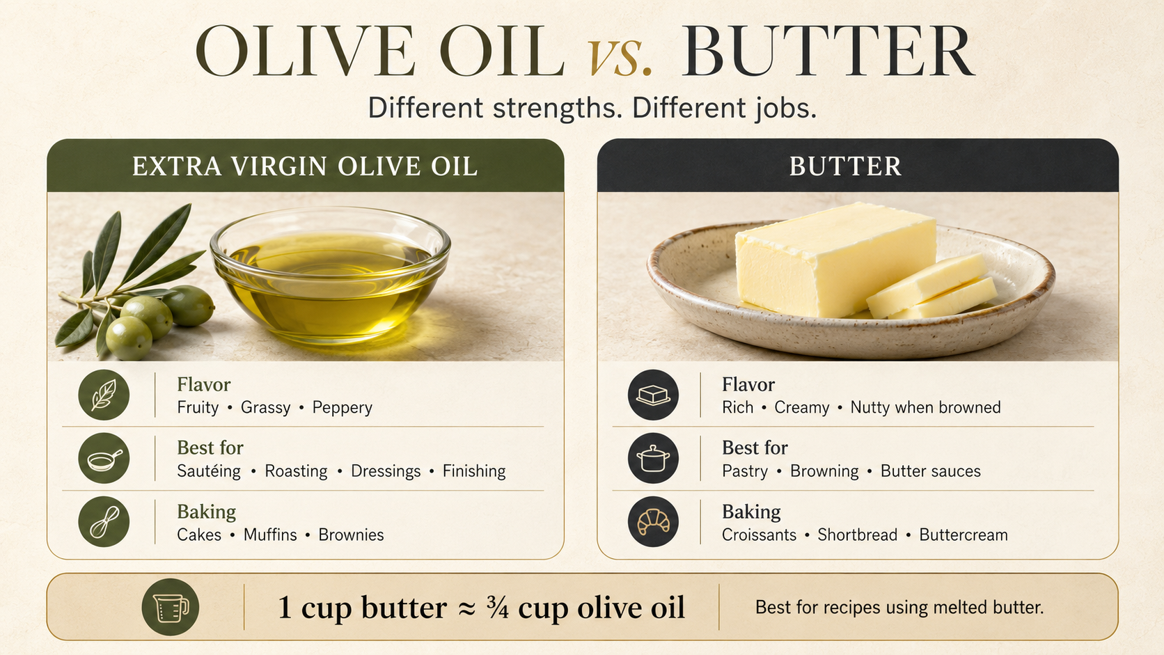 Olive oil and butter comparison panel showing their flavors, best cooking and baking uses, and the butter-to-olive-oil conversion ratio.