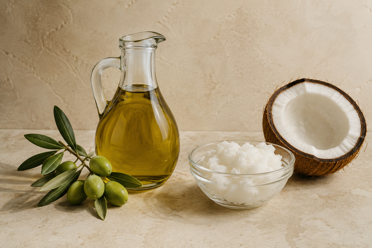 Extra virgin olive oil with fresh olives beside a bowl of coconut oil and an opened coconut.  Created as a wide, text-free editorial hero photograph with a neutral comparison.