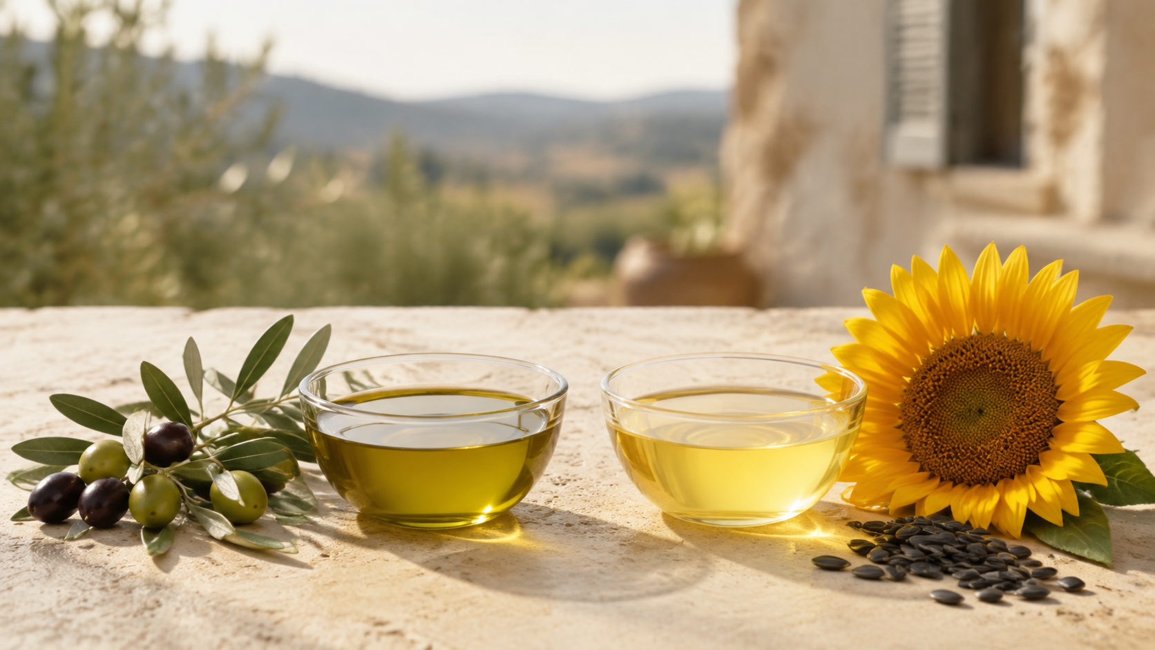 Extra virgin olive oil and sunflower oil in glass bowls, displayed with fresh olives, olive leaves, a sunflower, and sunflower seeds.