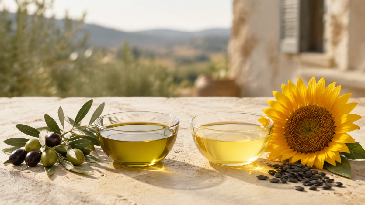 Extra virgin olive oil and sunflower oil in glass bowls, displayed with fresh olives, olive leaves, a sunflower, and sunflower seeds.