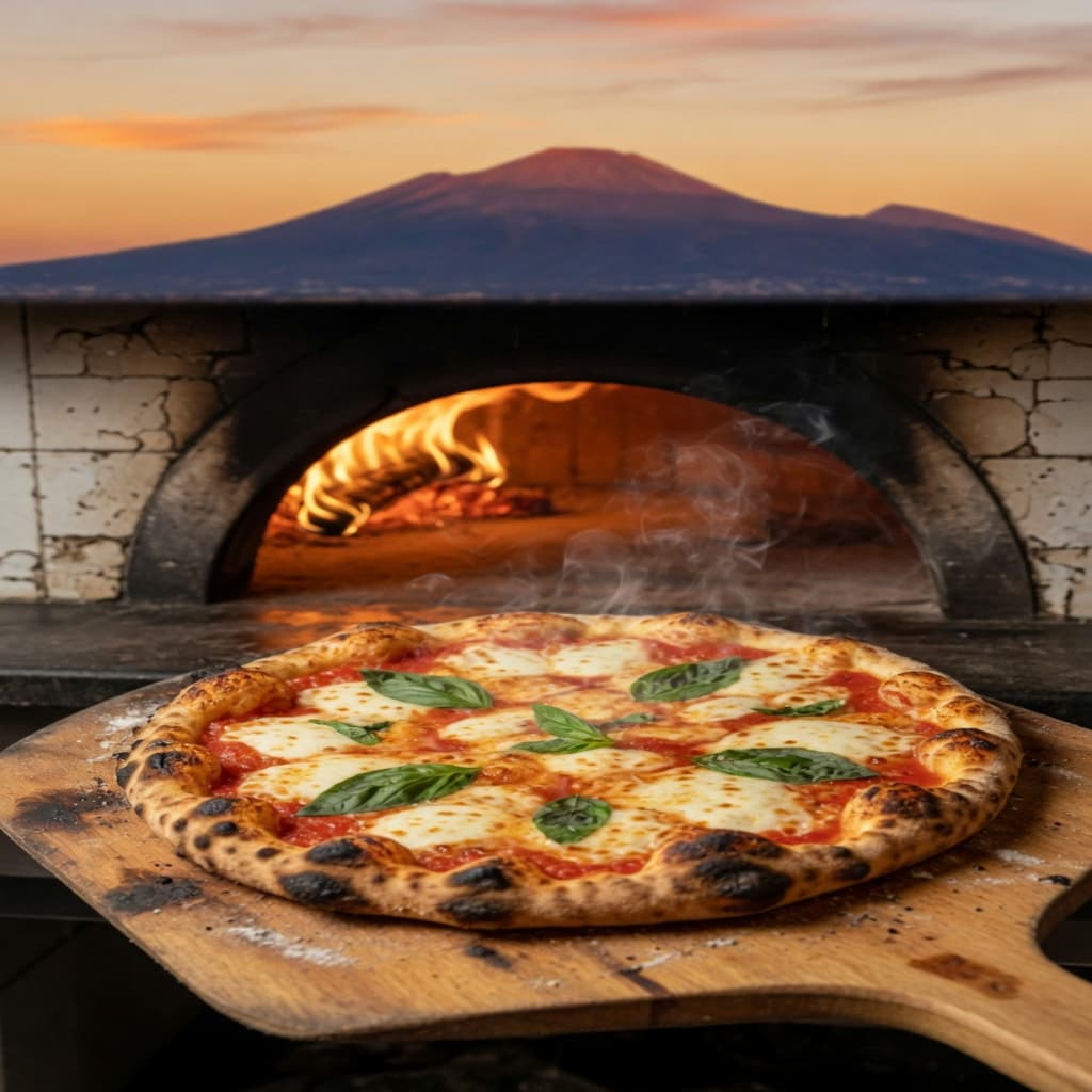 Pizza Napoletana STG — a classic Margherita on a wooden peel emerging from a wood-fired oven in Naples, the puffed cornicione and leopardatura char visible, with the silhouette of Mount Vesuvius in the background.