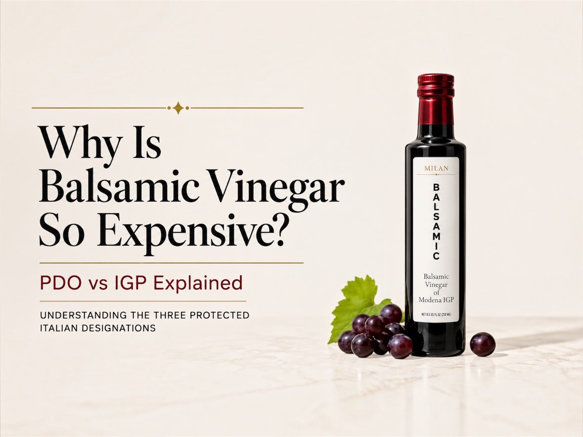 Traditional Balsamic Vinegar PDO and Balsamic Vinegar of Modena IGP bottles side by side, illustrating the differences in production, aging, and price between Italy's two protected balsamic vinegar designations.