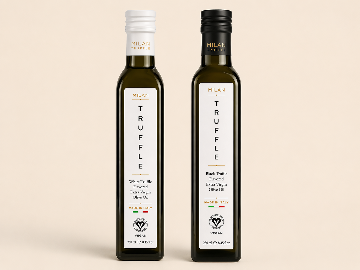White and black Italian truffle extra virgin olive oil, 250ml bottles, Certified Vegan, Made in Italy