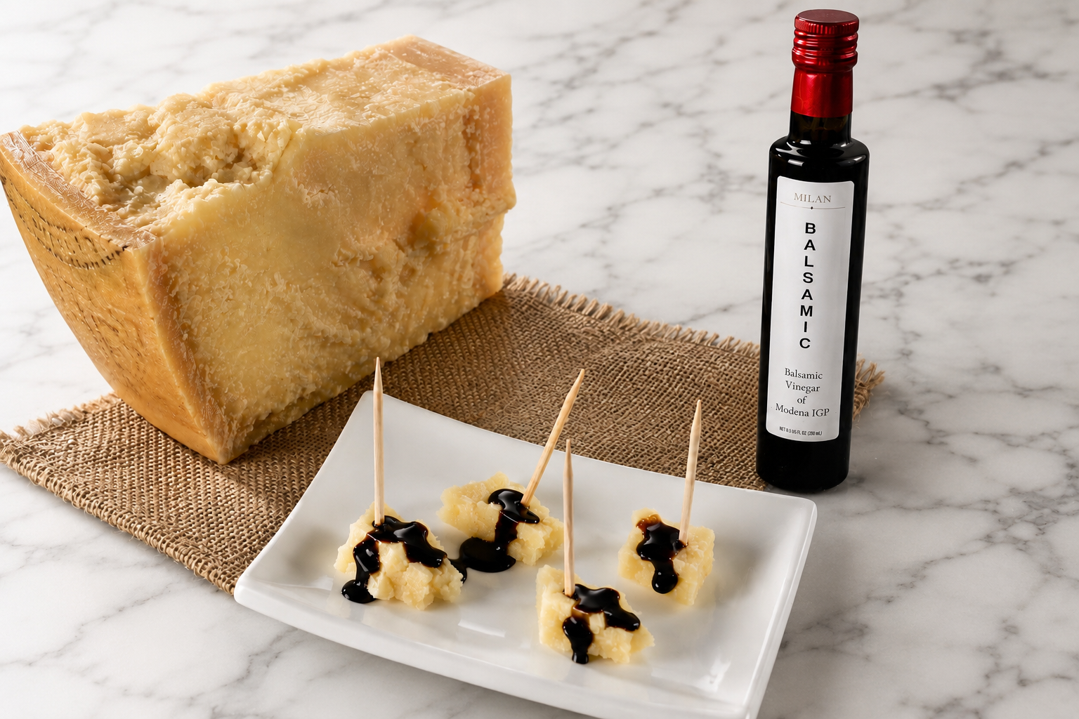 Authentic Italian pantry featuring Milan Truffle Balsamic Vinegar of Modena IGP and Parmigiano Reggiano.
