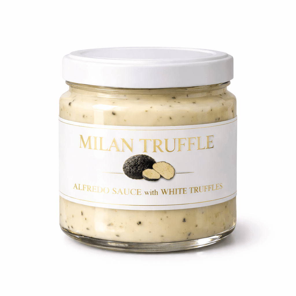 Jar of Milan Truffle Alfredo Sauce with White Truffles on a white background
