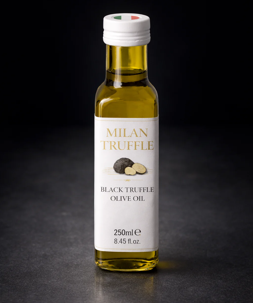 Milan Truffle black truffle extra virgin olive oil, 250ml glass bottle on dark background