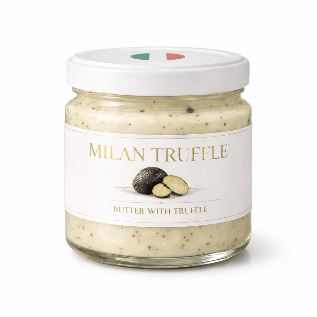 Jar of Milan Truffle butter with a white label on a white background