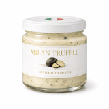 Jar of Milan Truffle butter with a white label on a white background