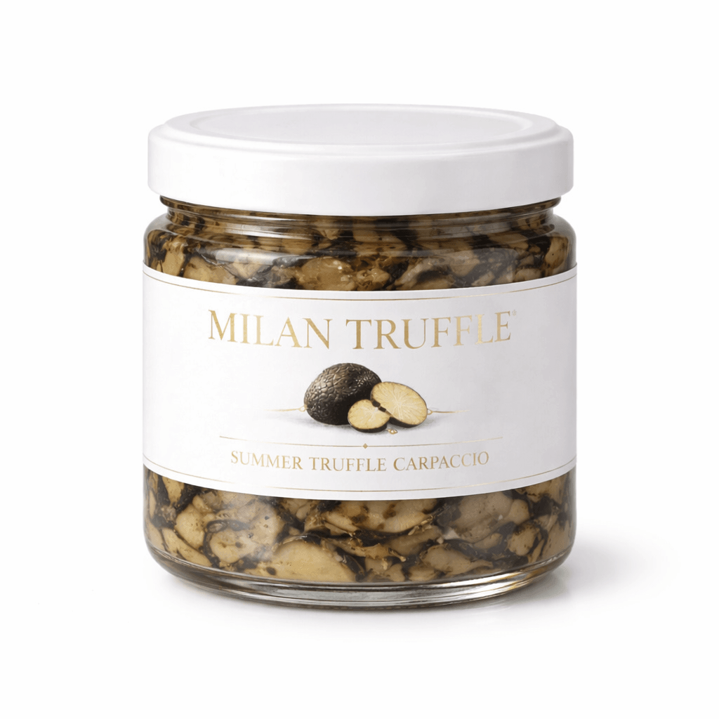 Jar of Milan Truffle Summer Truffle Carpaccio on a white background