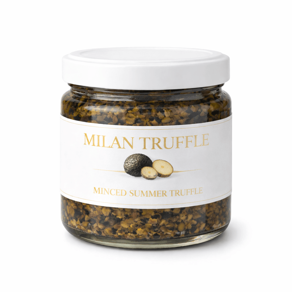 Jar of Milan Truffle minced summer truffle on a white background