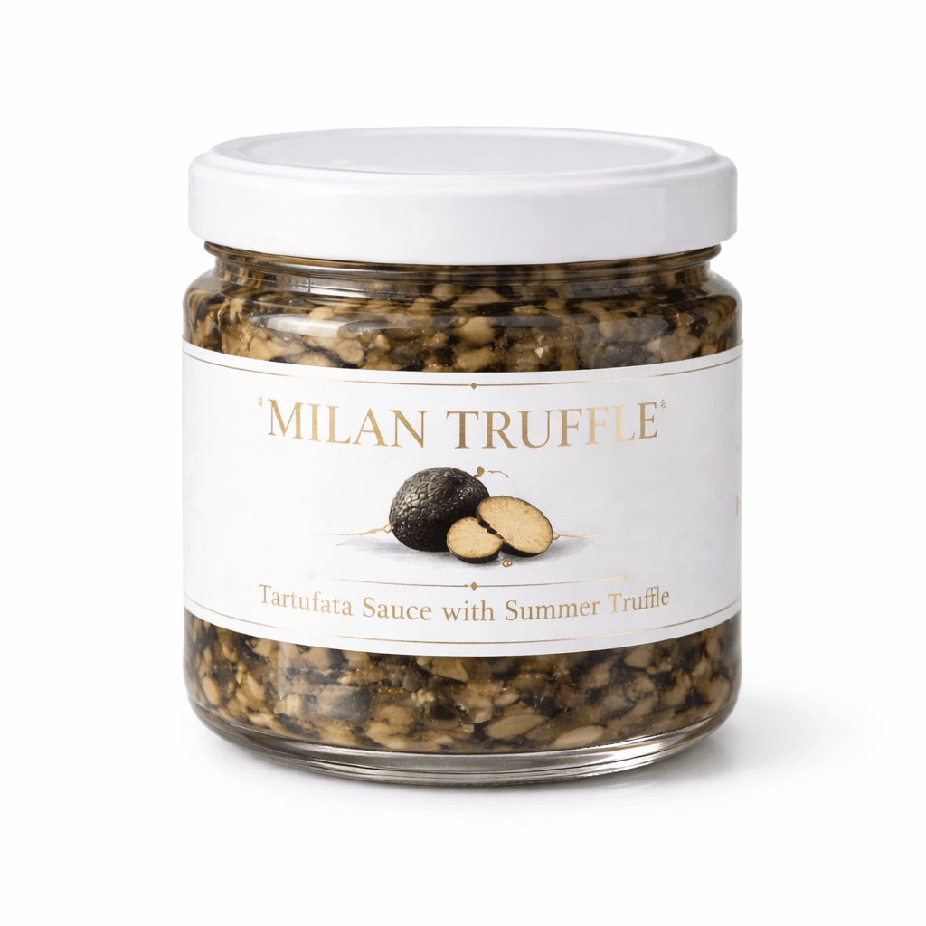 Jar of Milan Truffle sauce with a white label on a white background