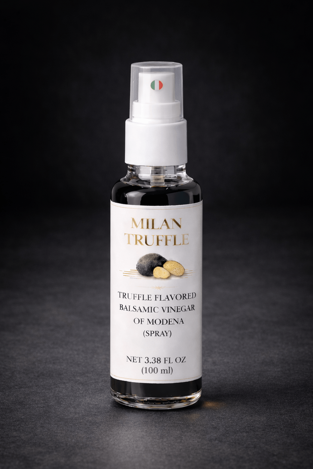 Bottle of Milan Truffle truffle-flavored balsamic vinegar on a dark background