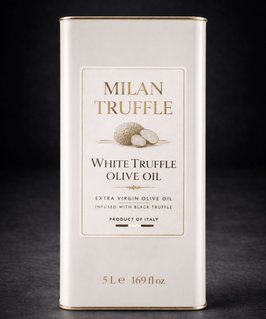 Milan Truffle White Truffle Extra Virgin Olive Oil tin on a dark, moody background, highlighting a premium luxury product presentation
