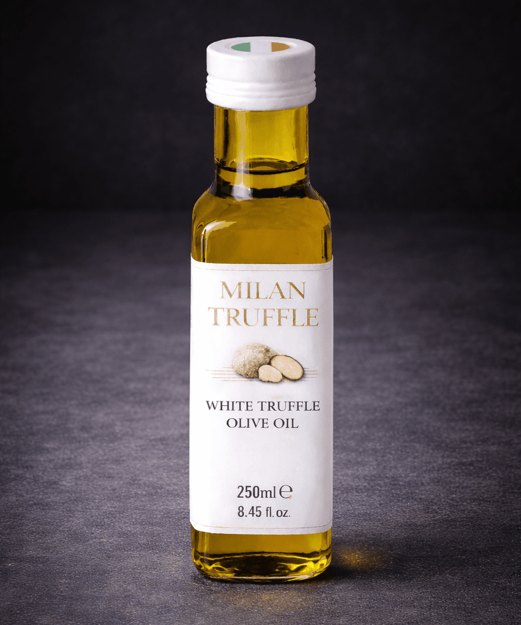 Milan Truffle white truffle extra virgin olive oil, 250ml glass bottle on dark background