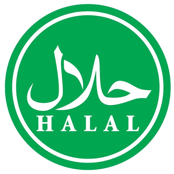 Green circle with 'HALAL' text and Arabic calligraphy on a white background