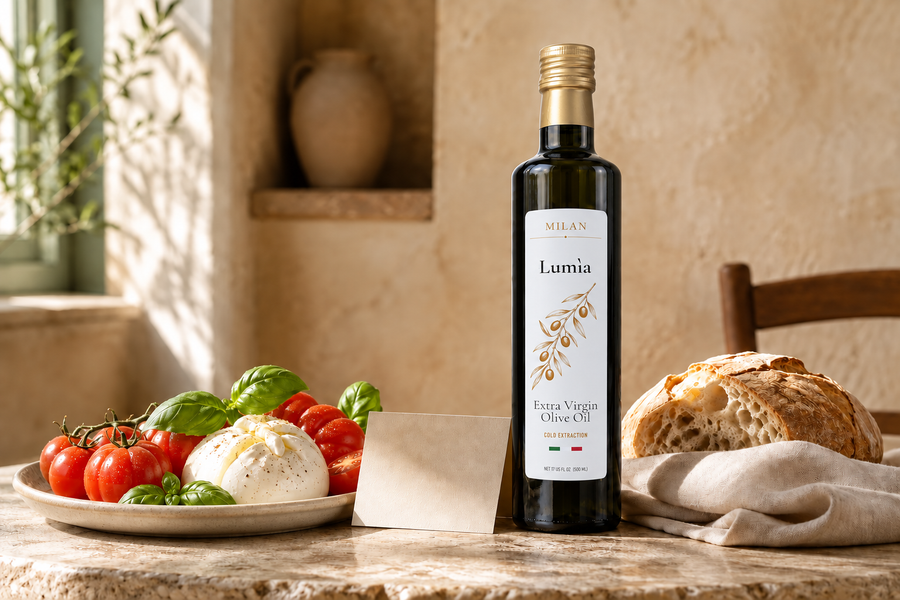 Milan Truffle Italian extra virgin olive oil with tomatoes, burrata, basil, and rustic bread.
