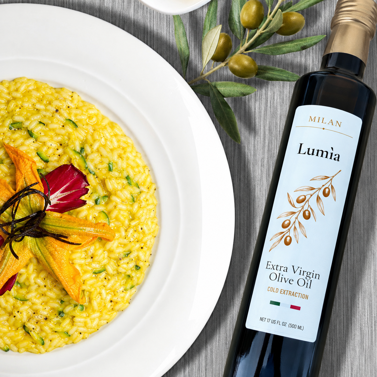 Lumia 100% Italian extra virgin olive oil with zucchini blossom risotto and olive branch