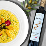 Lumia 100% Italian extra virgin olive oil with zucchini blossom risotto and olive branch